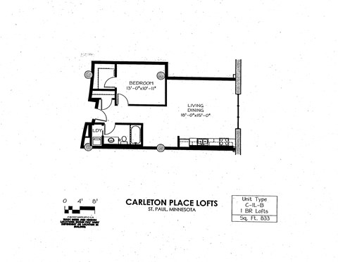 Floor plan for 1 bed, 1 bath, 833 sqft